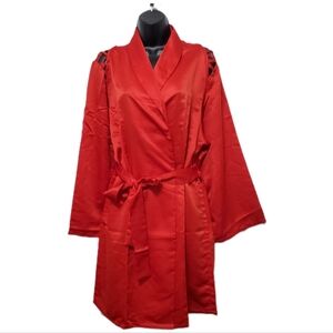 "Summer" Women's Frederick's of Hollywood Short Red Satin Belted Kimono Robe XL